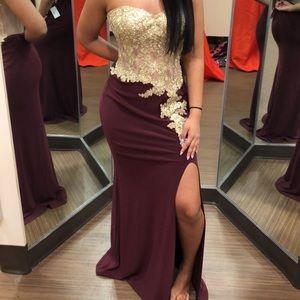 gold detail maroon prom dress